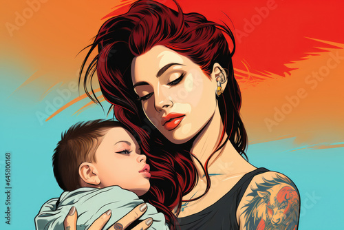 Pop art retro comic depiction of a loving mother holding her baby close, capturing the essence of maternal love.