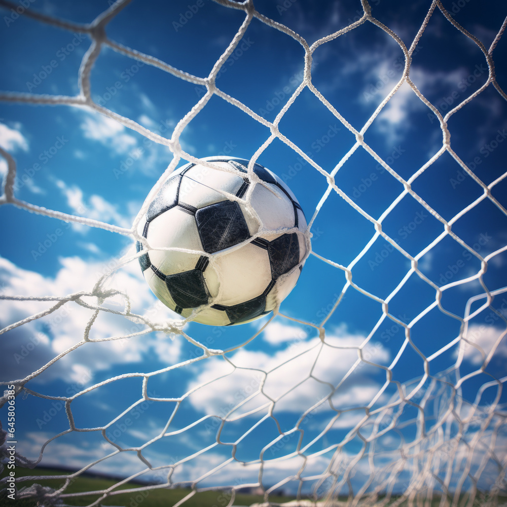 Naklejka premium Soccer football scores a goal