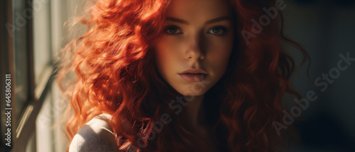 Mujer con pelo rojo rizado y ojos azules. IA Generativa photo
