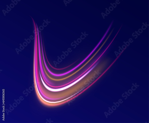 Fast speed car. Long yellow and red way effect. Abstract neon background with shining wires. High-speed light line in the form of a road and a highway in a night city. 