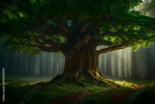 A magic tree that grew in the middle of a forest. The tree had beautiful green leaves, colorful flowers, and sweet fruits - AI Generative