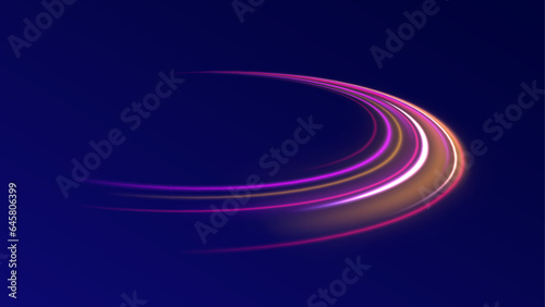 Curved light trail stretched upward.Lines in the shape of a comet against a dark background. Car motion trails.	