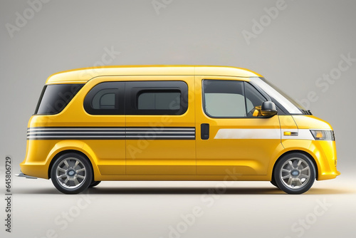 Big, long yellow minivan isolated on white background. yellow minibus passengers. Isolated white background. Side view. flat style. Mini van, bus for leisure travel. driverless car. Generative AI.