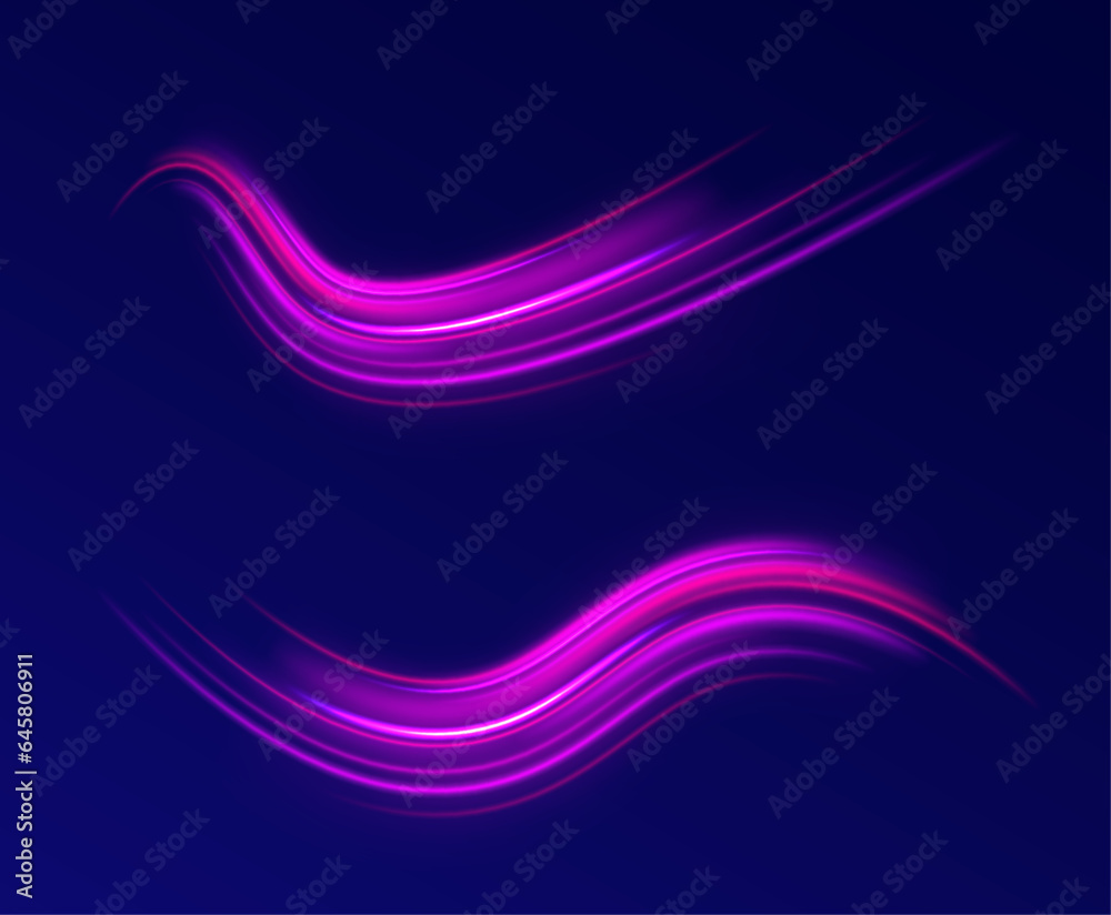 Acceleration speed motion on night road. Magic moving fast speed police lines. Big set of light neon lines in the form of swirl and spirals. Expressway in long delay, with car lights at night. Acceleration speed motion on night road. Magic moving fast speed police lines. Big set of light neon lines in the form of swirl and spirals. Expressway in long delay, with car lights at night.