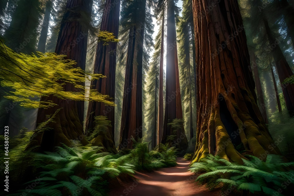 a majestic and awe-inspiring ancient redwood grove, a realm where towering trees have reigned in timeless splendor for centuries - AI Generative