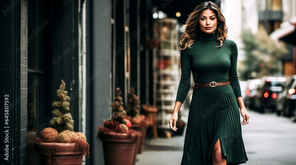 Fototapeta premium She looks stylish in a ribbed long-sleeve midi dress.