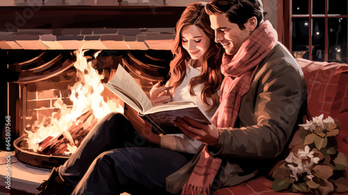 A couple sits by a fireplace  cozying up in oversized knitwear.