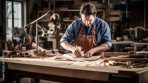 A man works in a woodshop wearing duck canvas overalls.