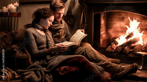 A couple sits in an oversized knit in front of a warm fireplace, enjoying a good book together.