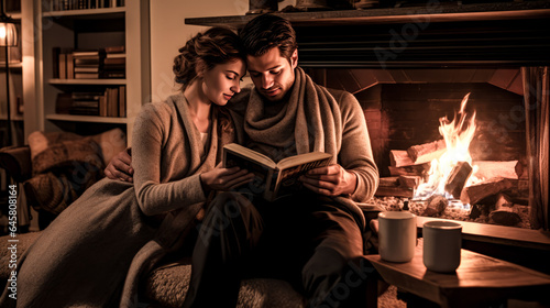 He and she snuggle up to read a book in the warmth of a cozy fireplace.