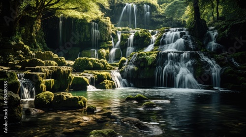 A majestic natural waterfall located in the middle of a nature reserve forest park