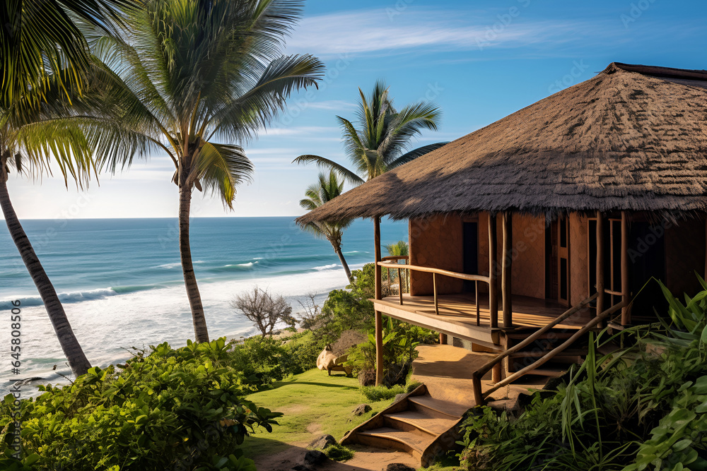 Eco-house or eco-bungalow with a small cozy veranda, surrounded by palm trees on the ocean, ecotourism concept