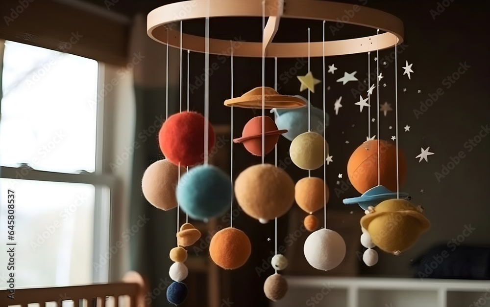 Fototapeta premium Baby Crib Mobile with Stars, Planets and a Moon, Generative AI
