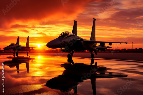Silhouette of jet fighters at sunset