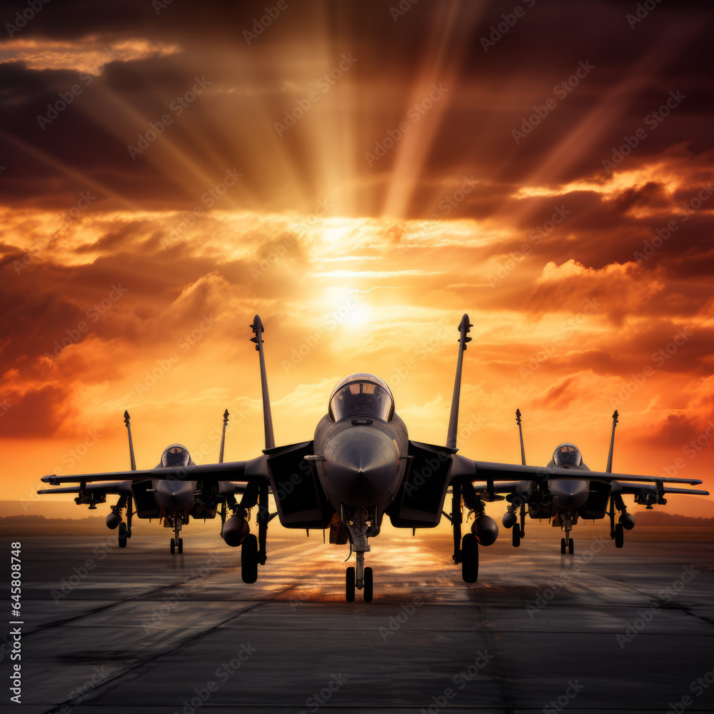Fototapeta premium Silhouette of jet fighters at sunset