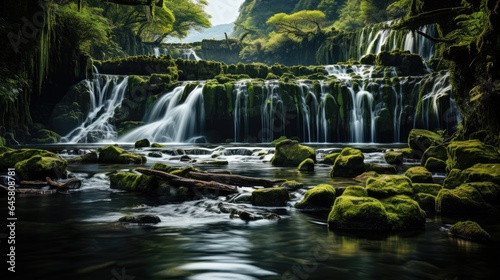 Beautiful view of the long waterfall exposure in green nature