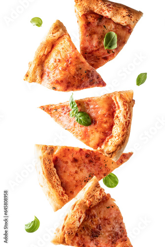 Pizza margherita with basil leaves in levitation isolated transparent png