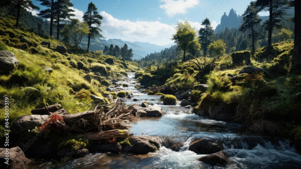 Beautiful view of waterfall in forest with rocky mountains on bright background Beautiful view of waterfall in forest with rocky mountains on bright background