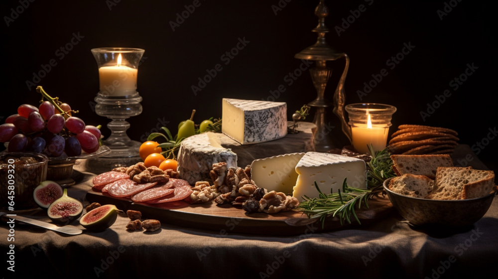 Artisanal Cheese and Savory Meats. Nikon Z6 24-70mm le, generative ai