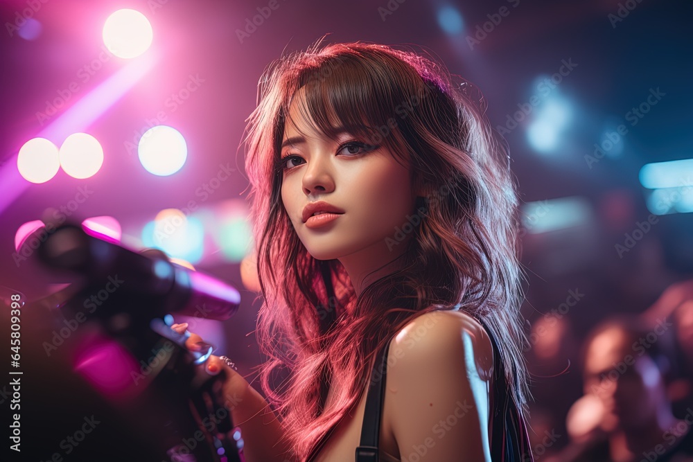 Young charming Asian k-pop idol girl under party lights Young charming Asian k-pop idol girl under party lights