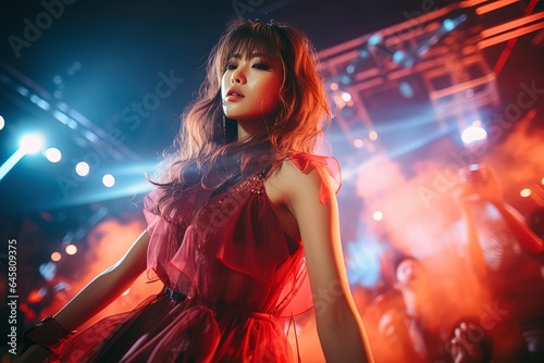 Young charming Asian k-pop idol girl in red dress on stage under party lights
