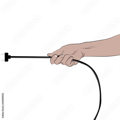Man hand pulling electrical plug from household power outlet isolated on white background.