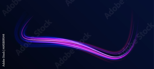 Panoramic horizontal high speed highway concept, light abstract background. Technology flow design illustration. High-speed light line in the form of a road and a highway in a night city. 