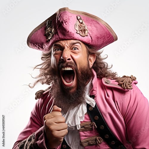 A middle aged yelling pirate with brown hair and beard wearing a pink cocked hat and outfit isolated on white photo