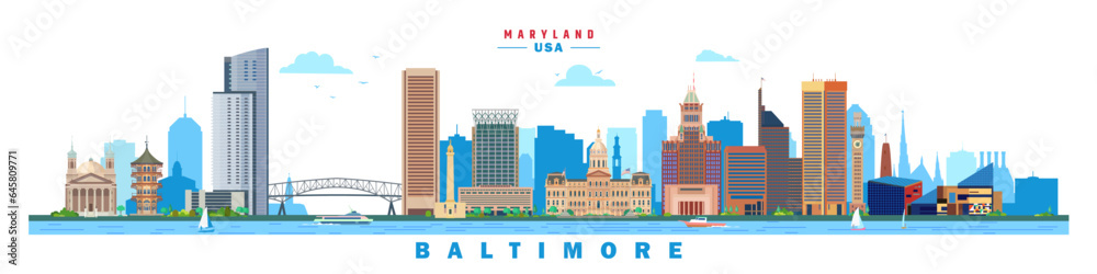 Obraz premium Baltimore city landmarks vector illustration in white background, Maryland, USA 