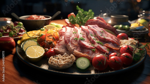 photorealistic detail closeup of food on meat plate, generative ai