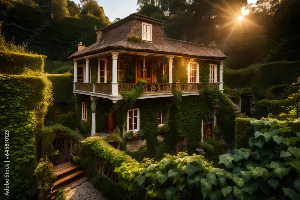 A house that is mounted on the second floor and can be reached after ascending a wooden staircase. AI Generatuive A house that is mounted on the second floor and can be reached after ascending a wooden staircase. AI Generatuive