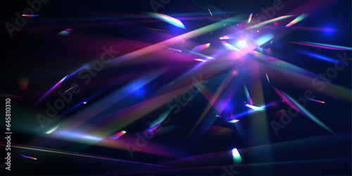 Transparent light rainbow crystal on a blue background. Ethereal Lens rainbow light streak transparent effect. ffect Template for social media backgrounds, product presentations, photo shots.