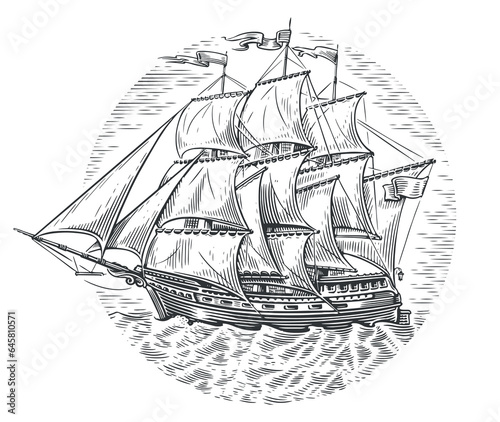 Ship frigate sailboat old sketch hand drawn vector illustration. Vintage engraving style