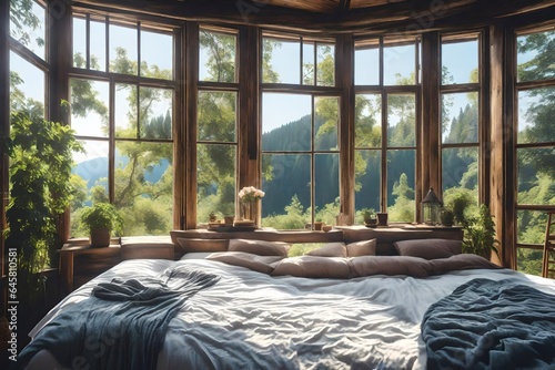 cottage style bedroom  fluffy comfy bed  day  sunny  window looking out at nature - AI Generative