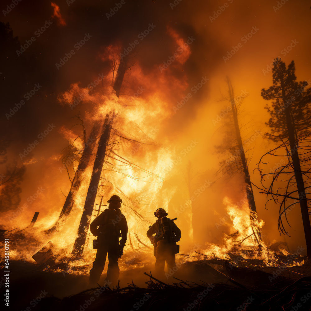 Obraz premium Silhouette of firemen fighting a fire