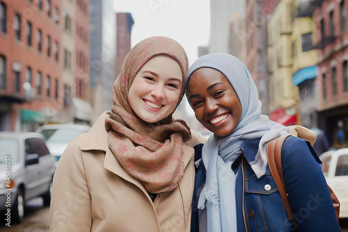 Two girls of different nationalities in hijabs laughing on the street