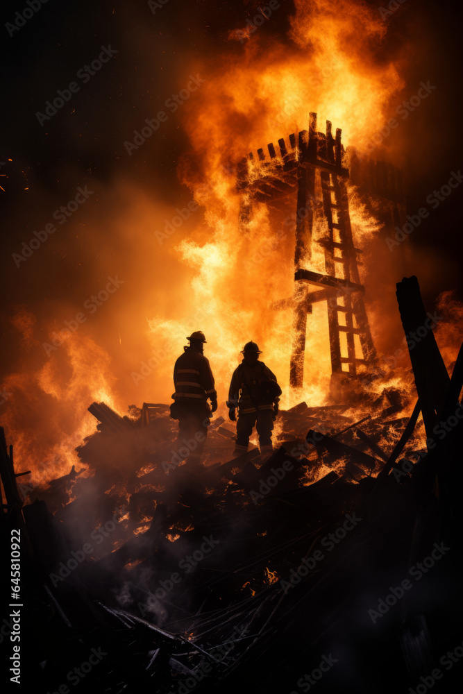 Silhouette of firemen fighting a fire