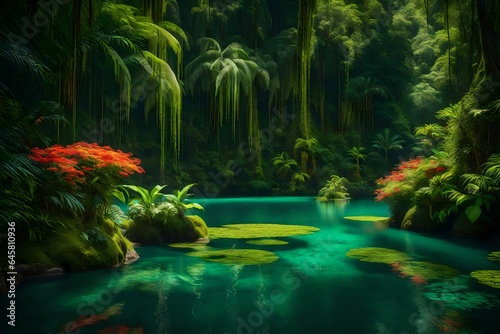 The lush and vibrant jungle is filled with towering trees  colorful flowers  soothing sounds of chirping birds  and rustling leaves swimming in the lake - AI Generative