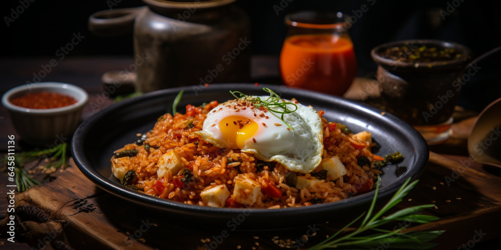 Kimchi fried rice with poached egg and chilli sauce on, generative ai