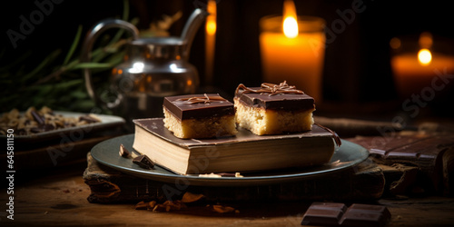 millionaire shortbread on a rustic wooden stove cook b, generative ai