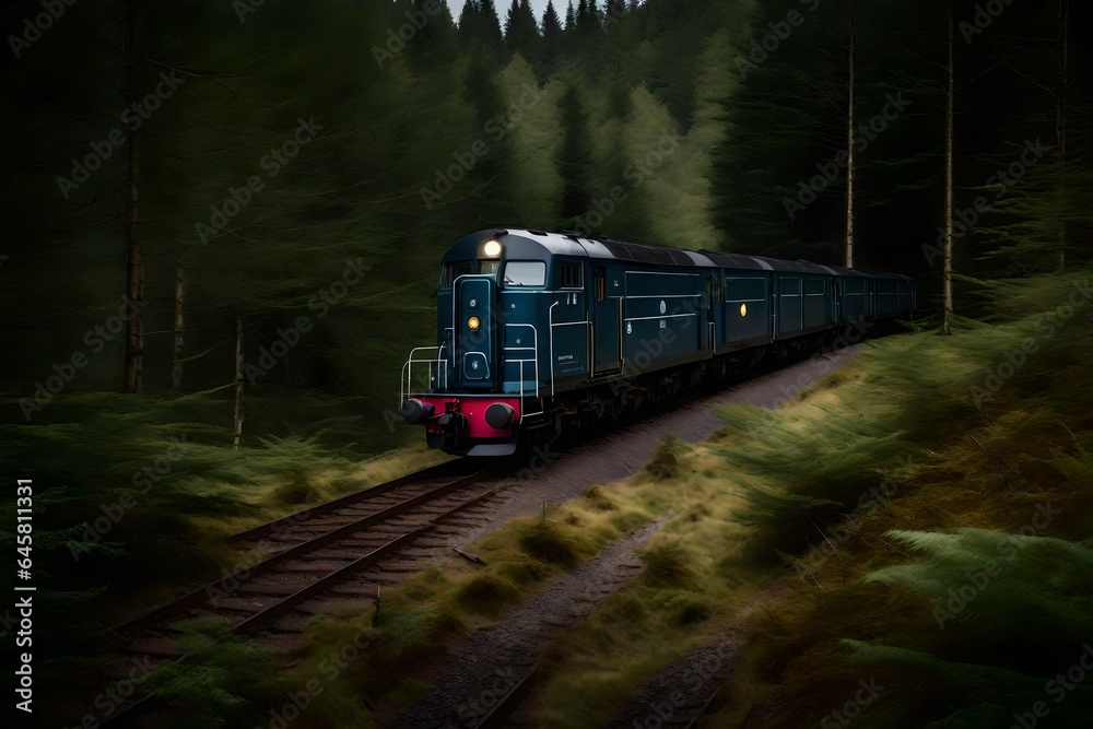 Naklejka premium Very detailed realistic photo of the tranquil forest with a train - AI Generative