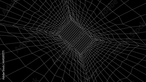 Fototapeta Naklejka Na Ścianę i Meble -  Black digital destroyed tunnel. Wireframe grid box, network connection technology. Futuristic portal pattern. Vector illustration.