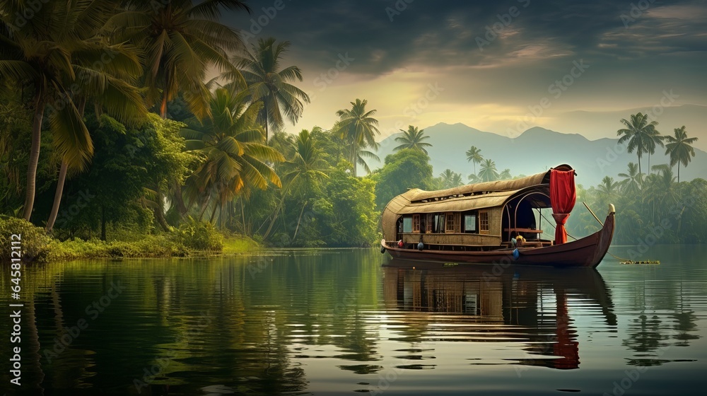 In India's Backwaters of Kerala, a traditional house boat is moored at the edge of a fishing lake. - obrazy, fototapety, plakaty 