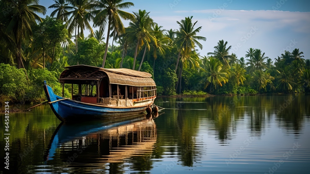 In India's Backwaters of Kerala, a traditional house boat is moored at the edge of a fishing lake. In India's Backwaters of Kerala, a traditional house boat is moored at the edge of a fishing lake.