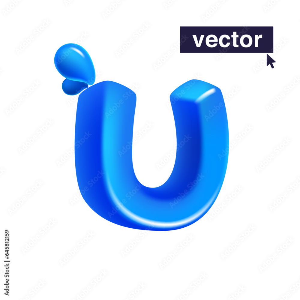Letter U logo 3D render in cartoon cubic style made of blue clear water and dew drops. Eco-friendly vector illustration. Impossible isometric shapes. Perfect for nature banner, healthy filter labels. Letter U logo 3D render in cartoon cubic style made of blue clear water and dew drops. Eco-friendly vector illustration. Impossible isometric shapes. Perfect for nature banner, healthy filter labels.