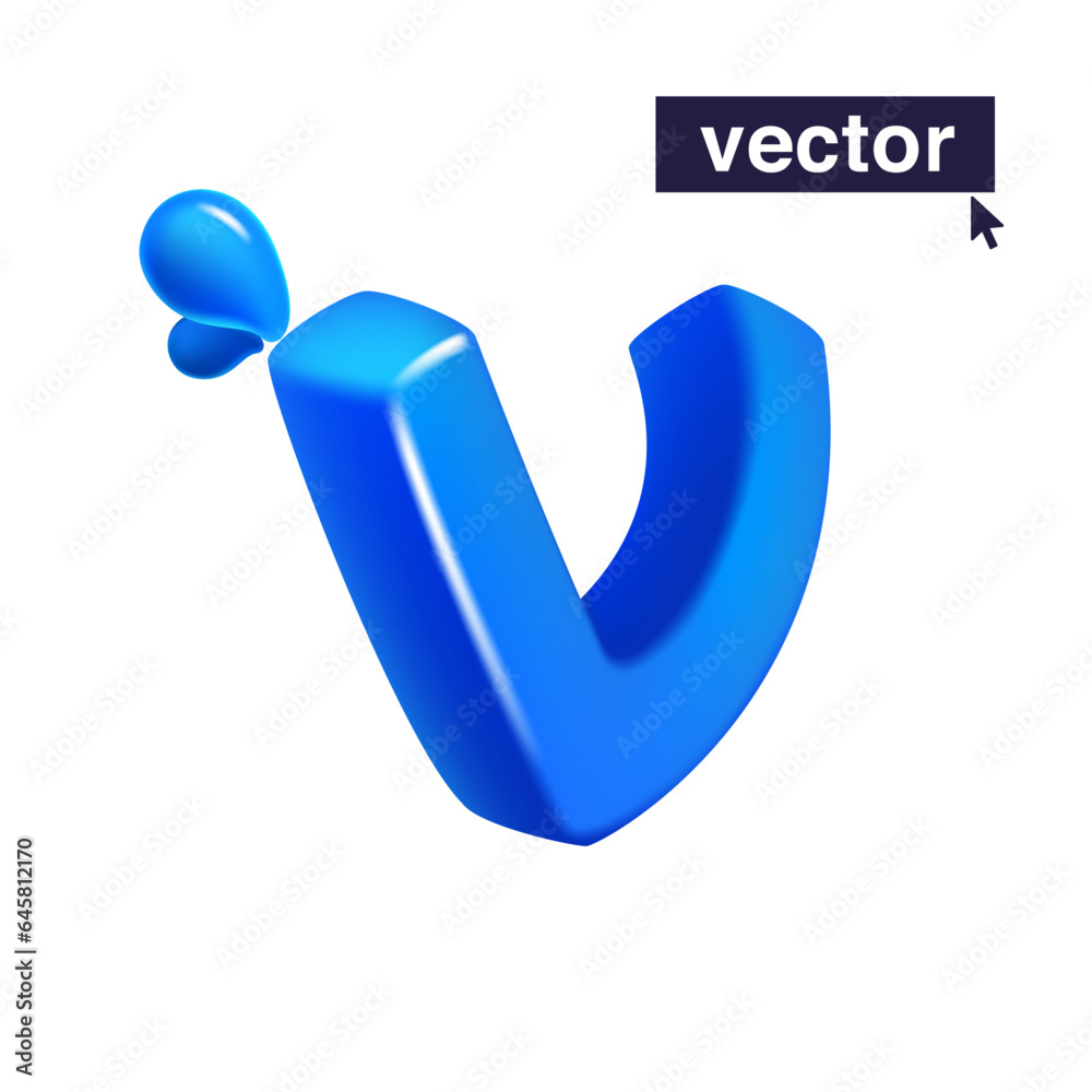 Letter V logo 3D render in cartoon cubic style made of blue clear water and dew drops. Eco-friendly vector illustration. Impossible isometric shapes. Perfect for nature banner, healthy filter labels. Letter V logo 3D render in cartoon cubic style made of blue clear water and dew drops. Eco-friendly vector illustration. Impossible isometric shapes. Perfect for nature banner, healthy filter labels.