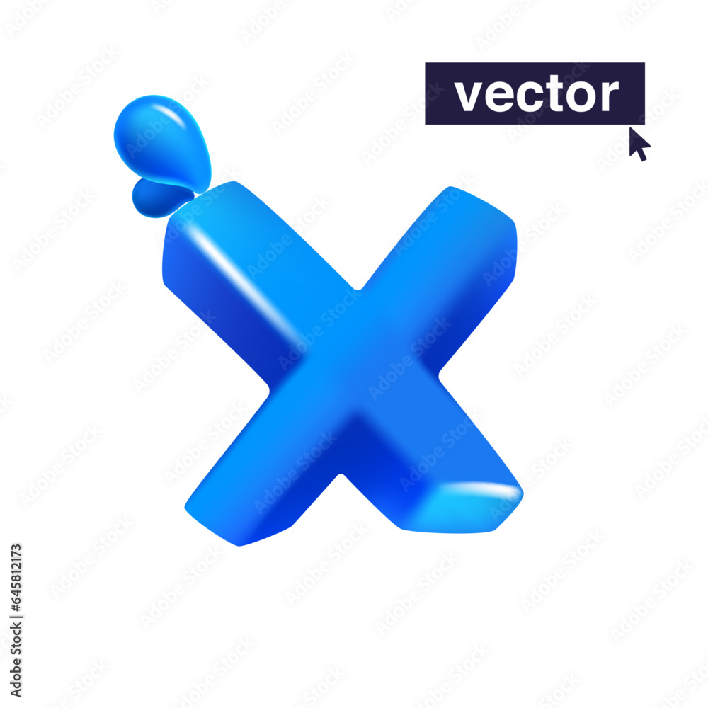 Fototapeta premium Letter X logo 3D render in cartoon cubic style made of blue clear water and dew drops. Eco-friendly vector illustration. Impossible isometric shapes. Perfect for nature banner, healthy filter labels.