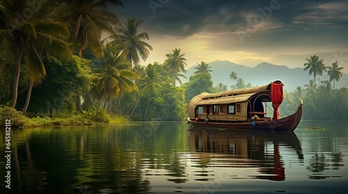 Fotografia In India's Backwaters of Kerala, a traditional house boat is moored at the edge of a fishing lake