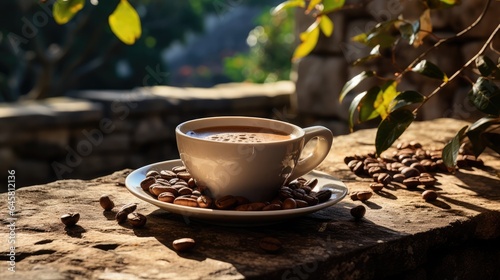 coffee in cup on stone table around nature, with trees background