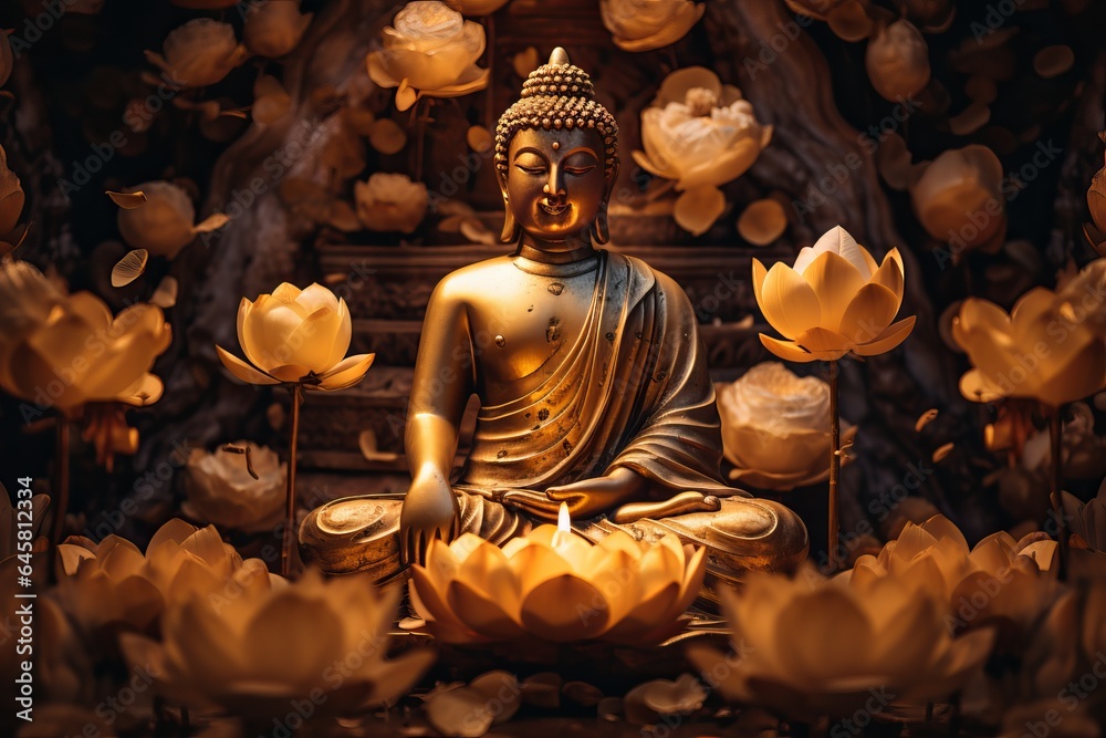 illuminated Lotus flowers and a gold Buddha statue